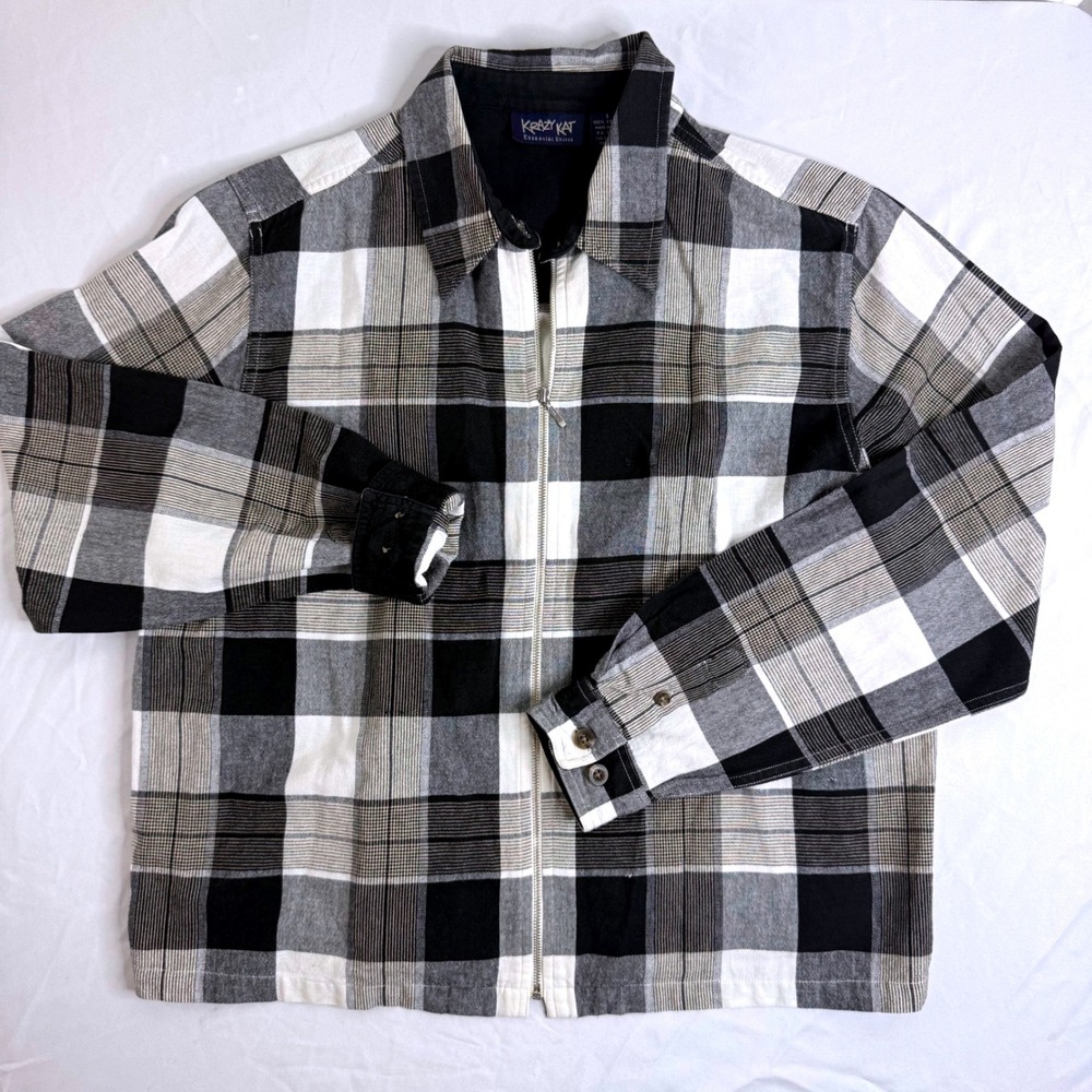 Krazy Kat Womens Large Black White Plaid Full Zip Cotton Shirt Jacket Shacket